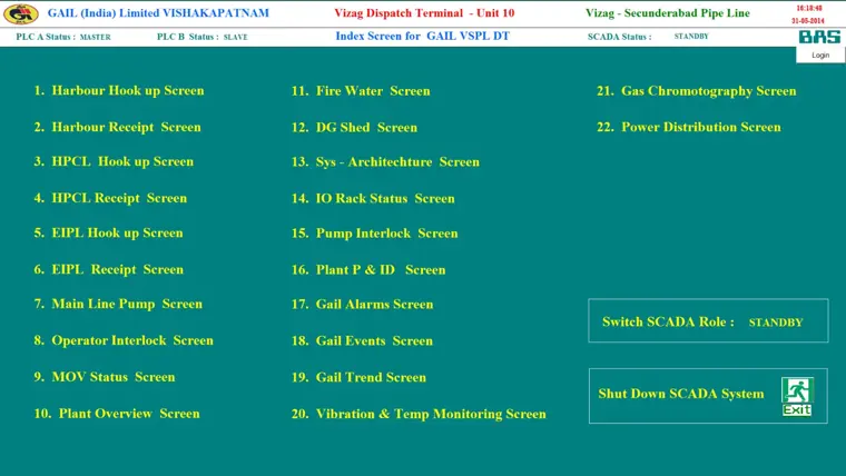 Index screen of the GAIL Vizag terminal SCADA listing 22 operator screens