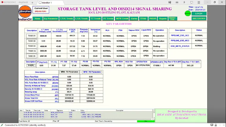 Key parameters screen with tank stock, pipeline ESD status and mass flow meter data, IOCL Kalyani